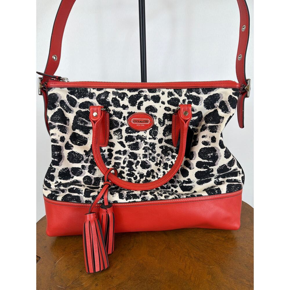 Coach Rory 19988 Leopard Print Handbag Red Leather Trim Clutch Wristlet Bundle